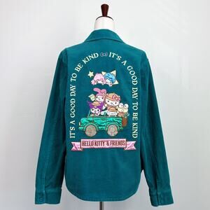 Hello Kitty Sanrio Embroidered Satin Applique Corduroy Teal Shacket Shirt